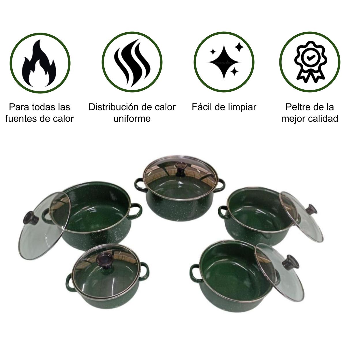 Juego de ollas con tapa de Peltre 10 pz International Verde