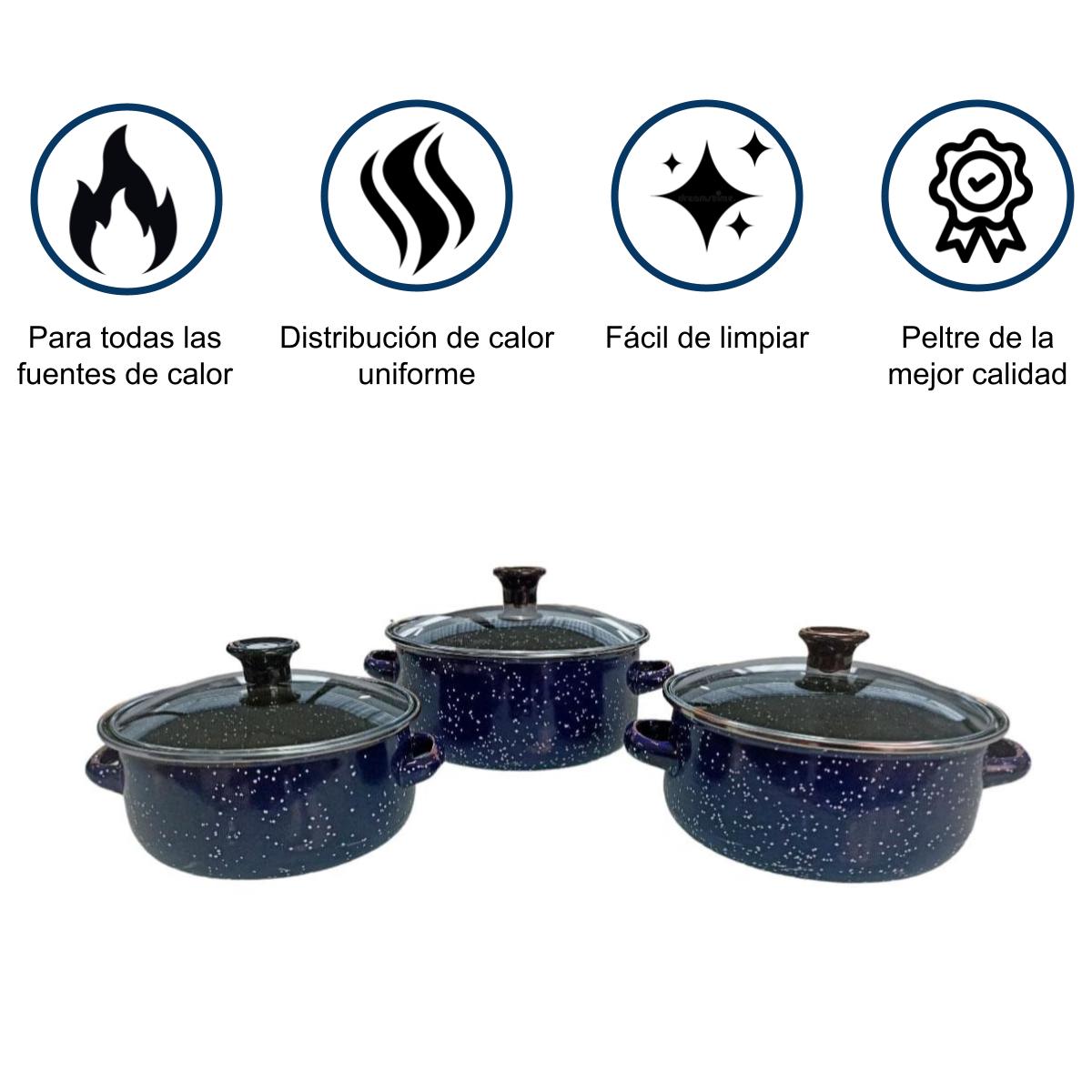 Juego de ollas con tapa de Peltre 6 pz International Azul