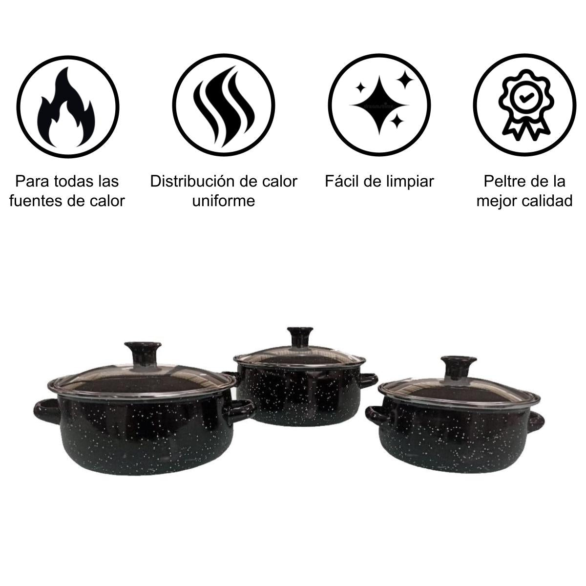Juego de ollas con tapa de Peltre 6 pz International Negro