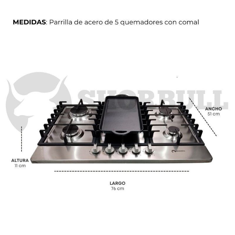 Parrilla Gas 5 quemadores acero inoxidable comal incluido